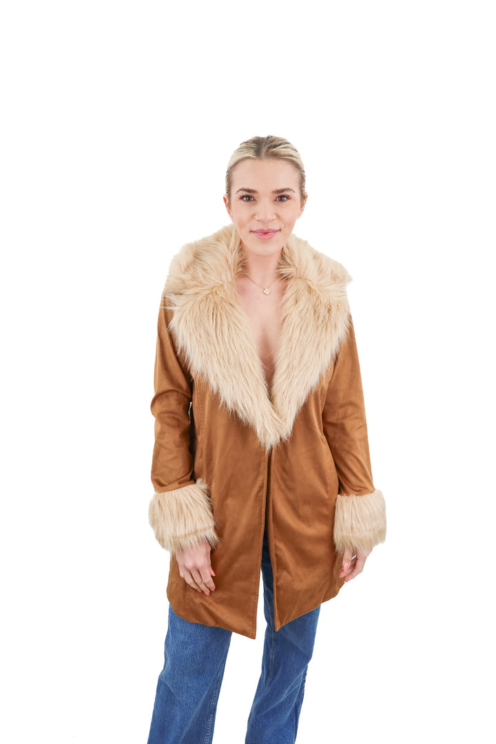 show me your mumu brown suede fur jacket (xs; retail $228)