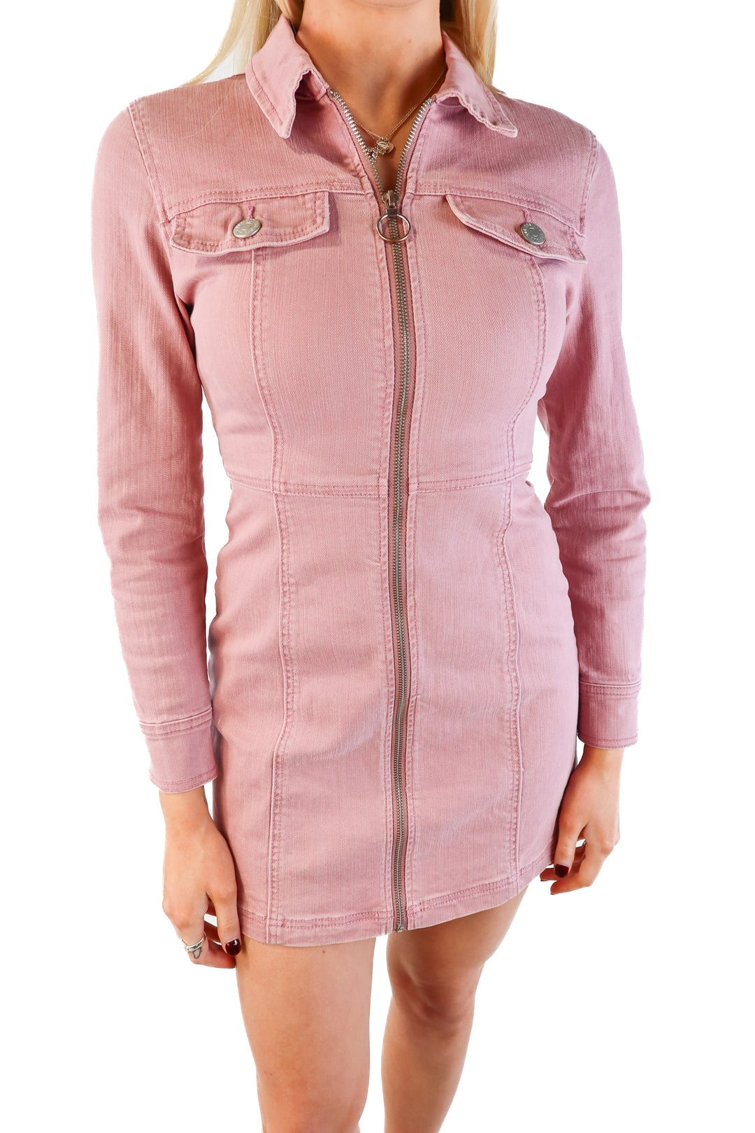 BDG pink long sleeve denim dress (4)*
