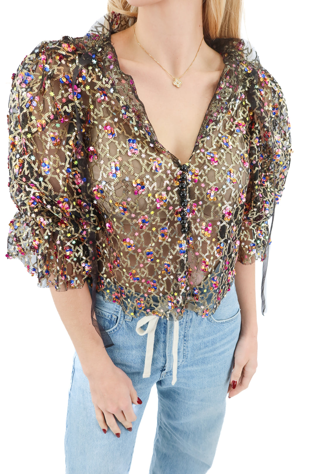 sister jane black multi sequin mesh top (S; retail $115)