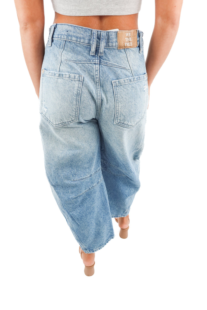 we the free light wash barrel jeans (25; retail $98)