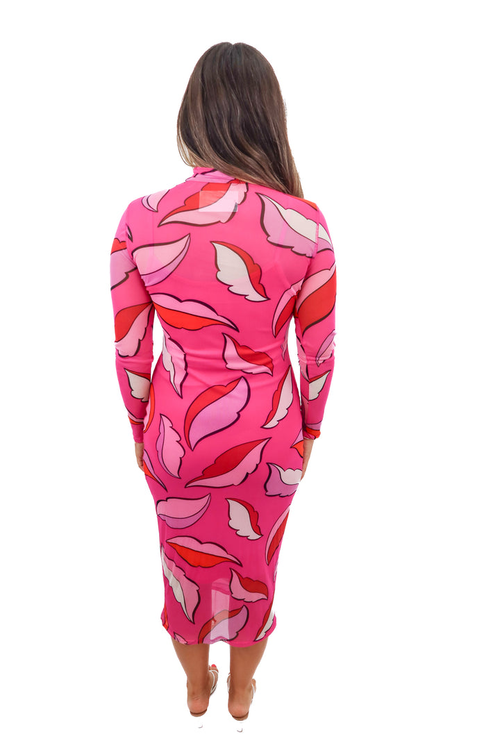 pink mesh printed maxi dress (m)
