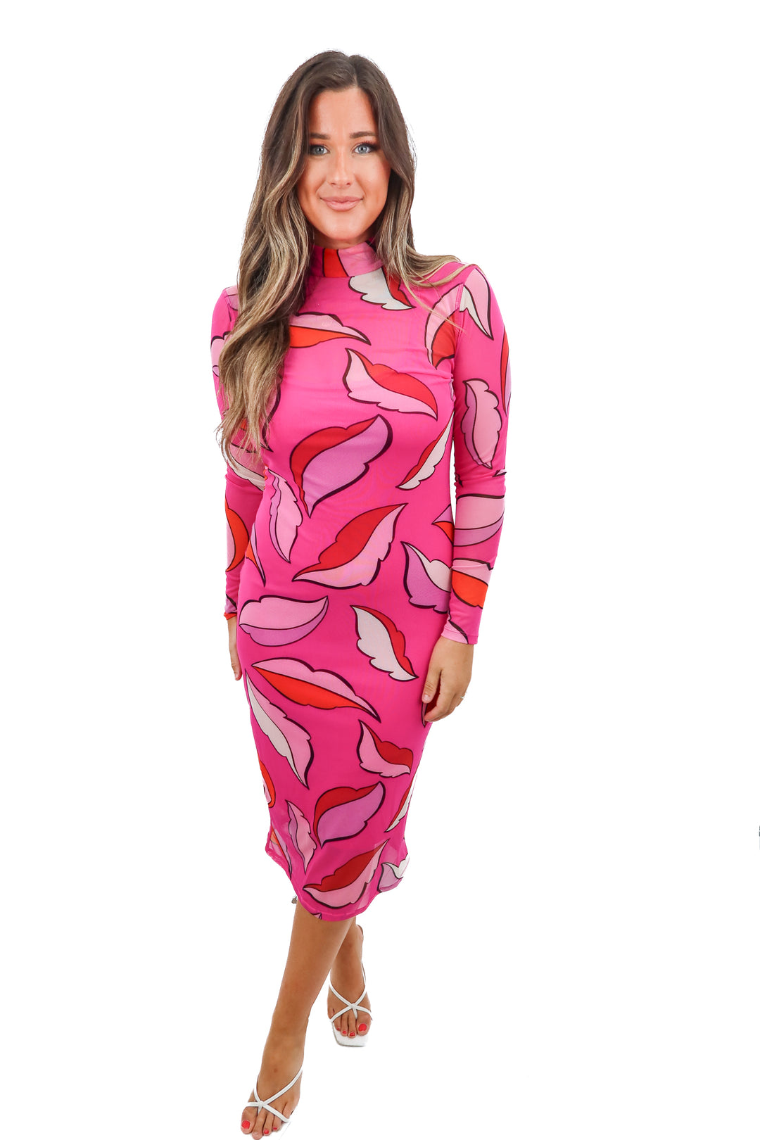 pink mesh printed maxi dress (m)