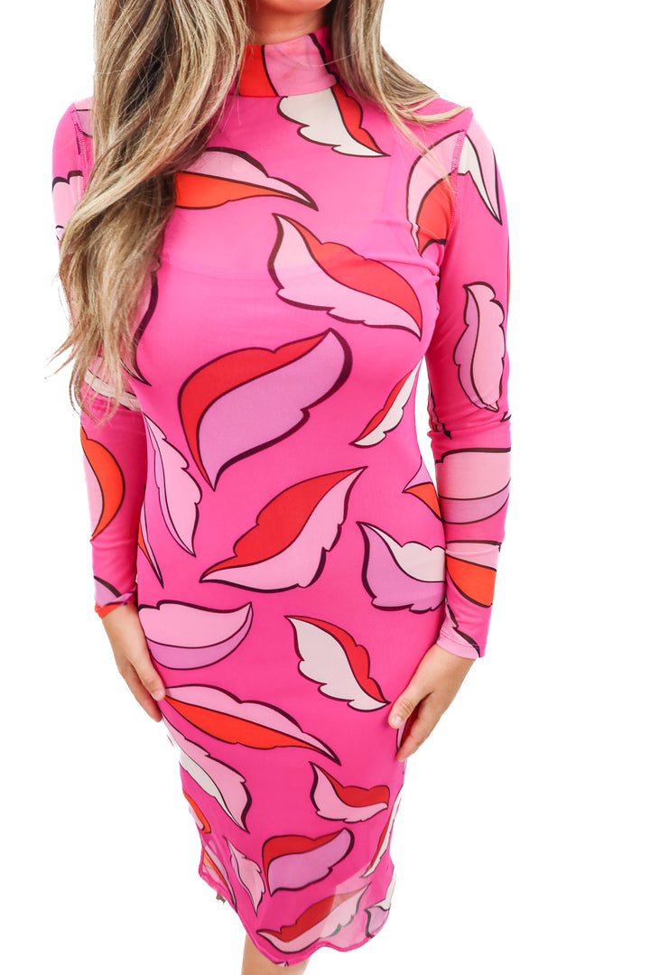 pink mesh printed maxi dress (m)