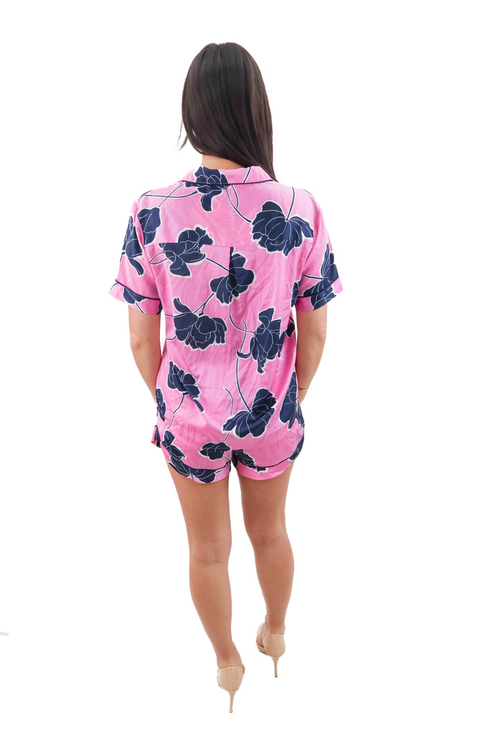 stars above pink floral satin pj short set (m; retail $50)