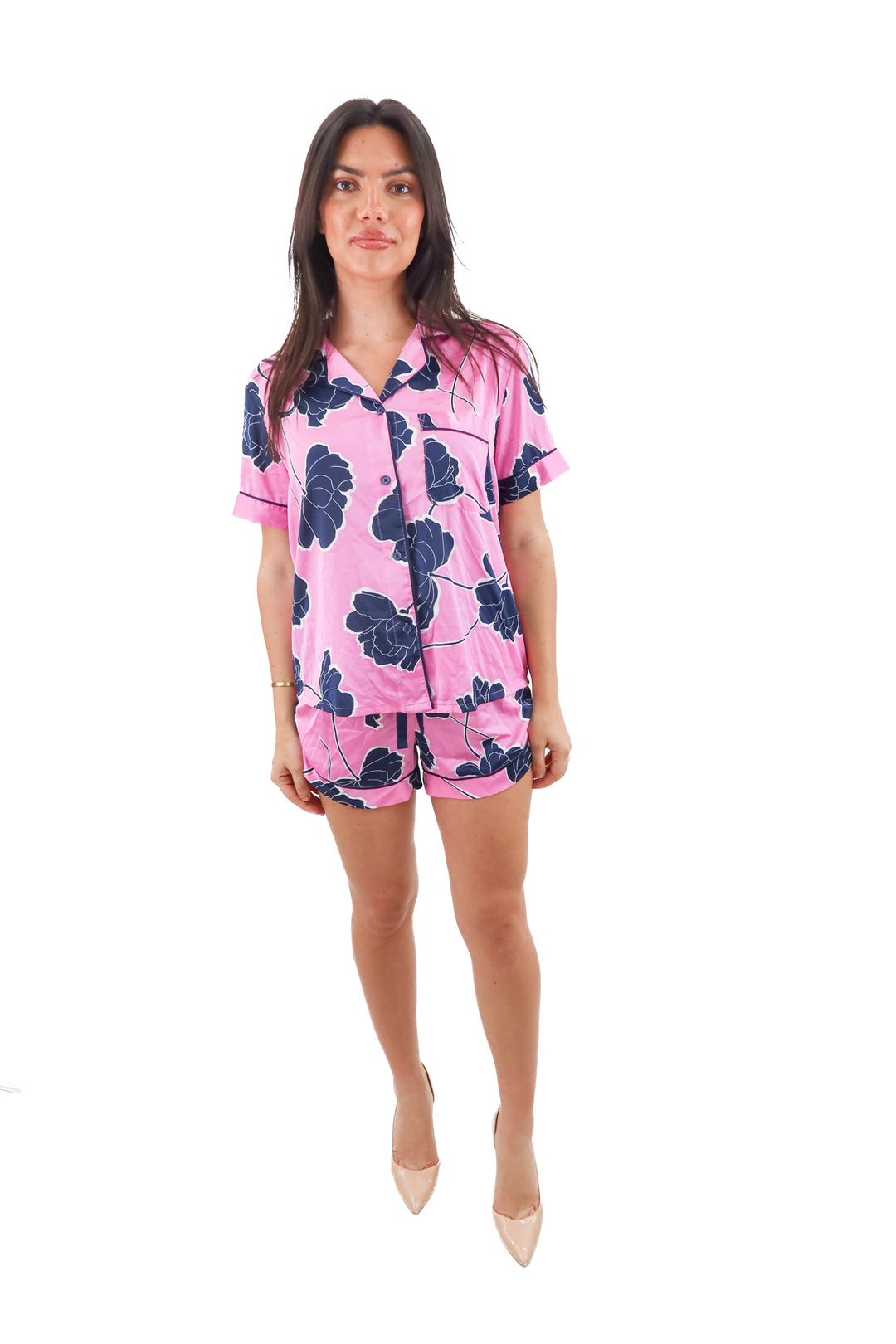 stars above pink floral satin pj short set (m; retail $50)