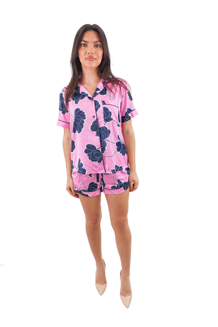 stars above pink floral satin pj short set (m; retail $50)