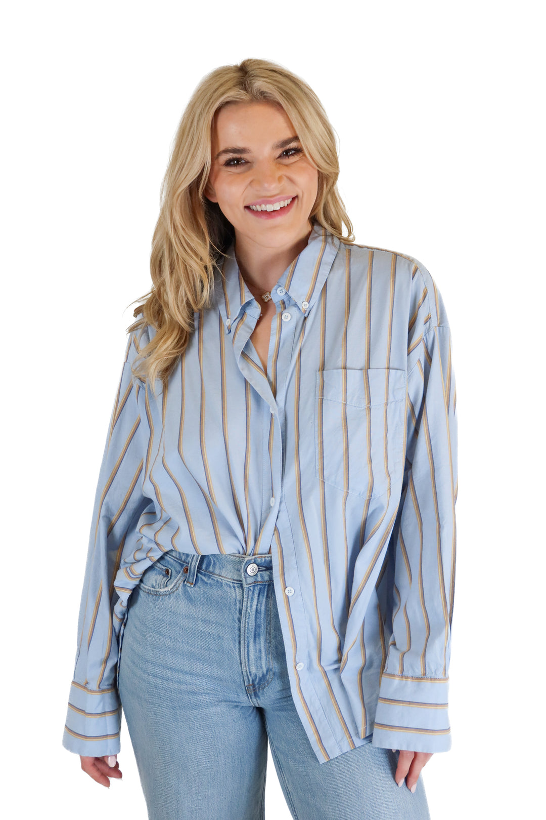 Carly Jean blue/yellow striped button up (M)