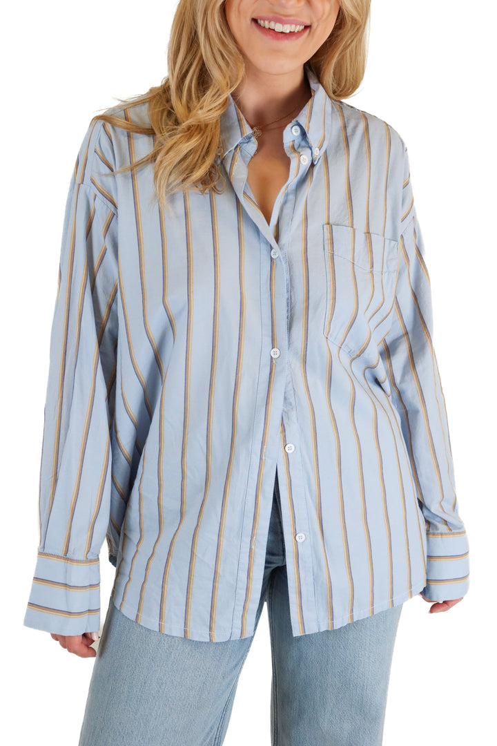 Carly Jean blue/yellow striped button up (M)