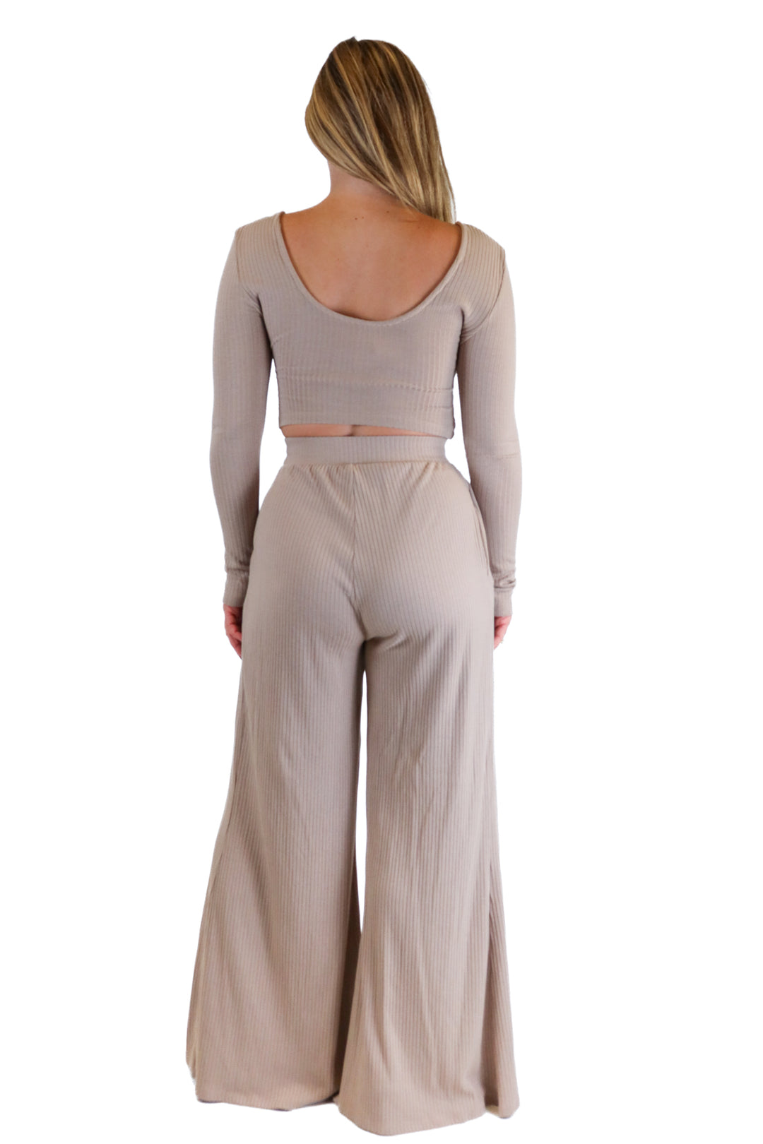 Lain Snow Brown Ribbed Long Sleeve Crop Top and Pants Set (S)