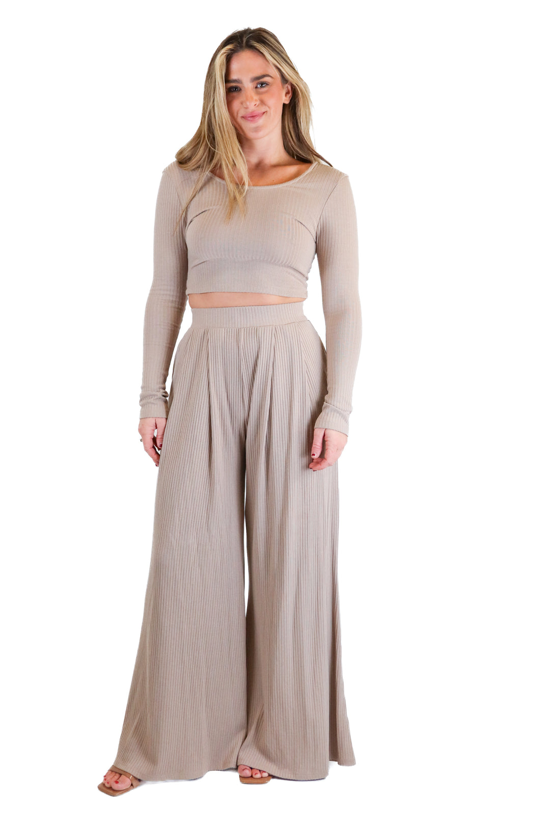 Lain Snow Brown Ribbed Long Sleeve Crop Top and Pants Set (S)