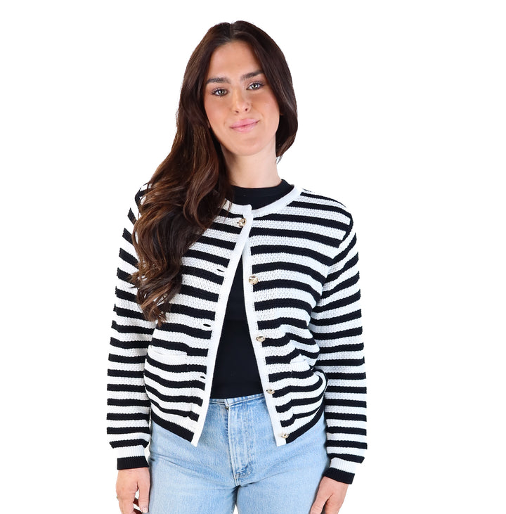 Illusory black/white striped knit cardigan (s)