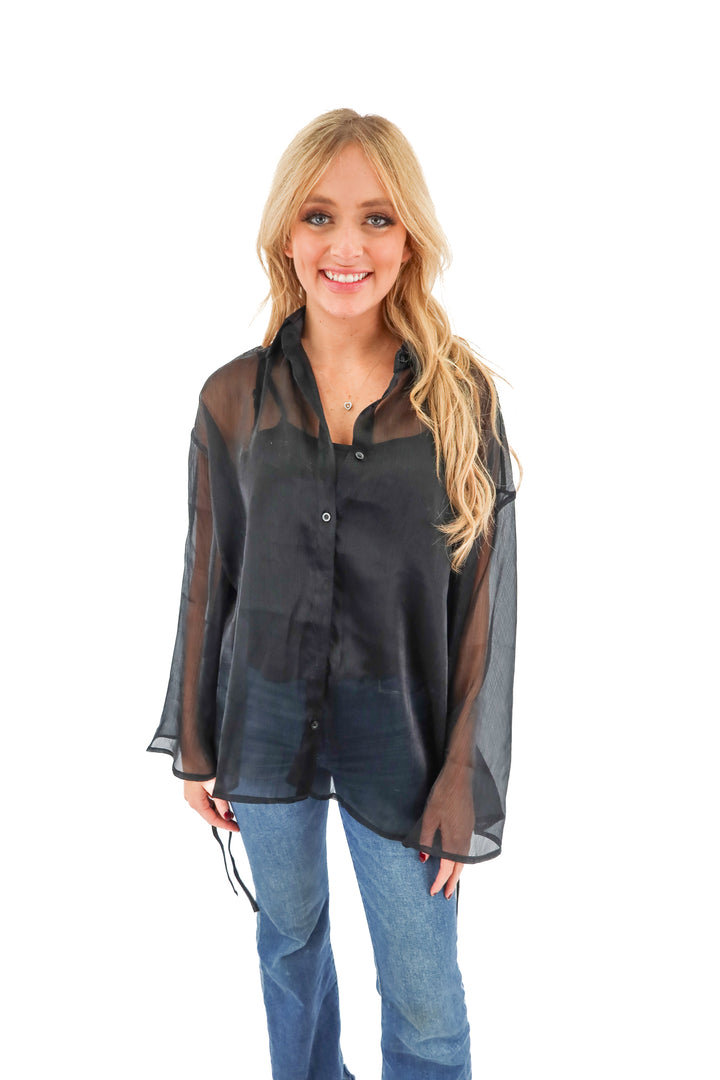black sheer long sleeve button up (s)