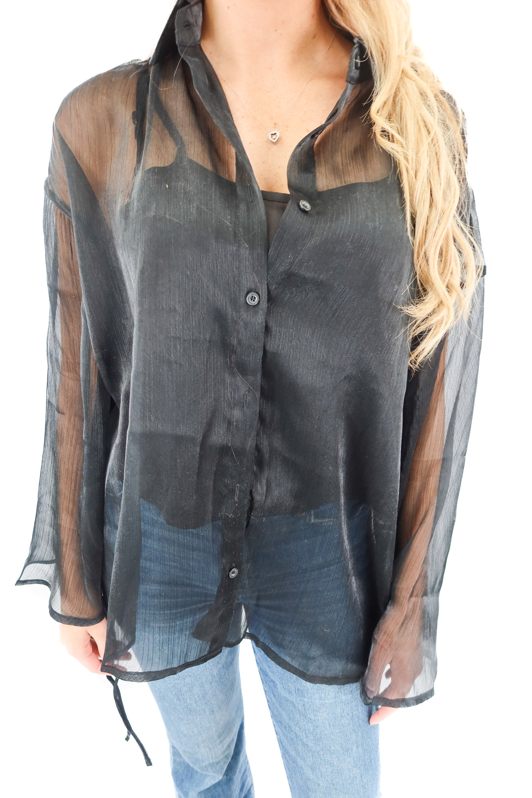 black sheer long sleeve button up (s)