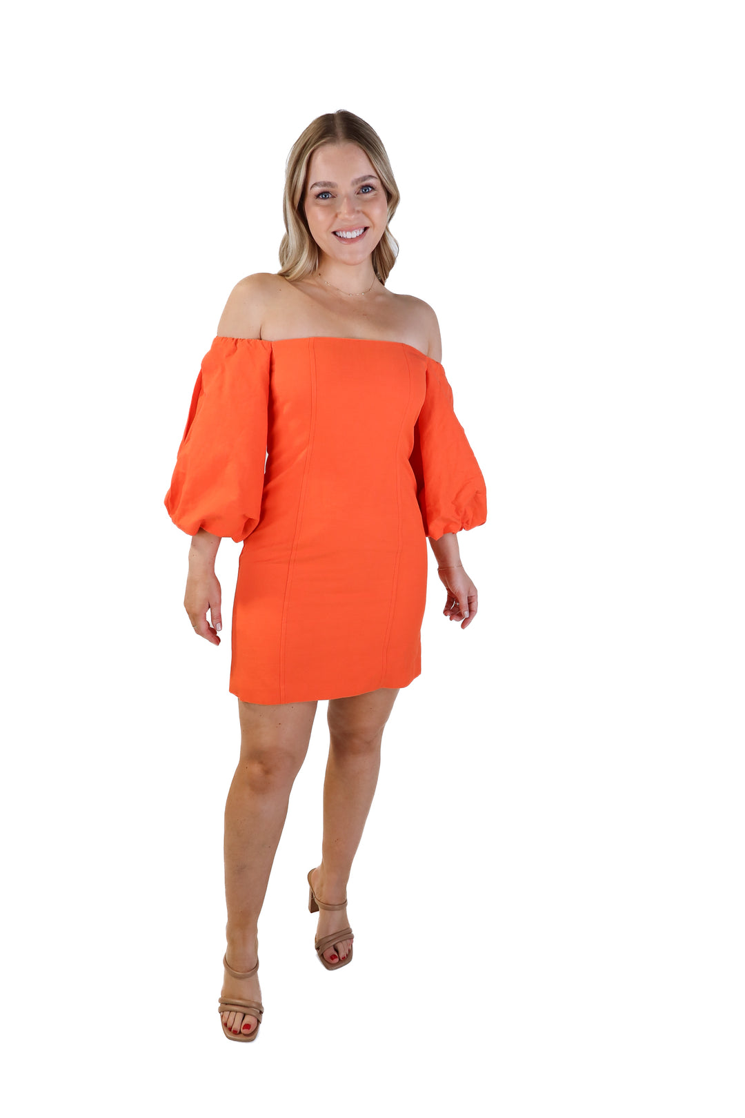 Mng orange off the shoulder bubble sleeve dress NWT (m; retail $99.99)