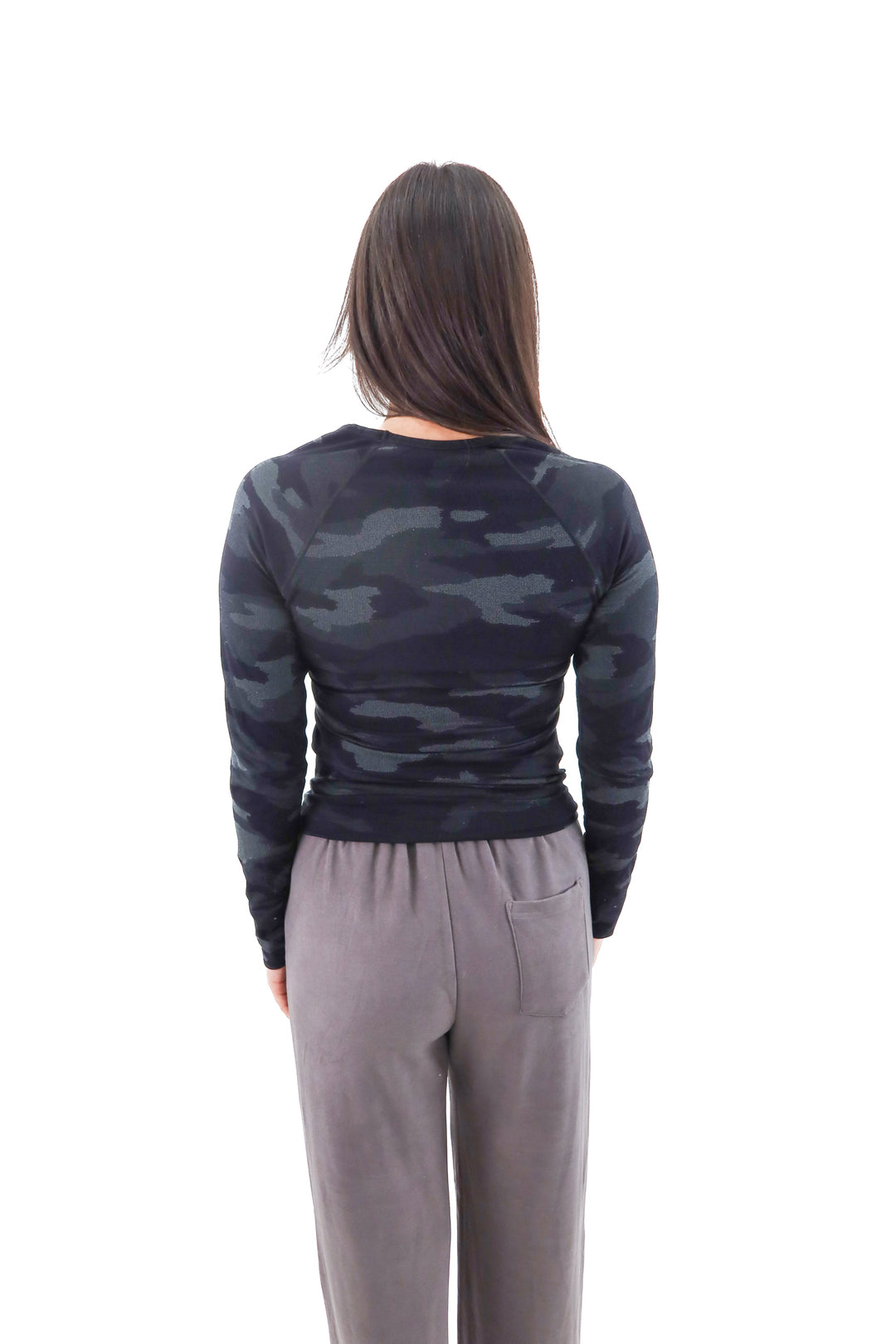 athleta black camo longsleeve workout top (s; retail $69)