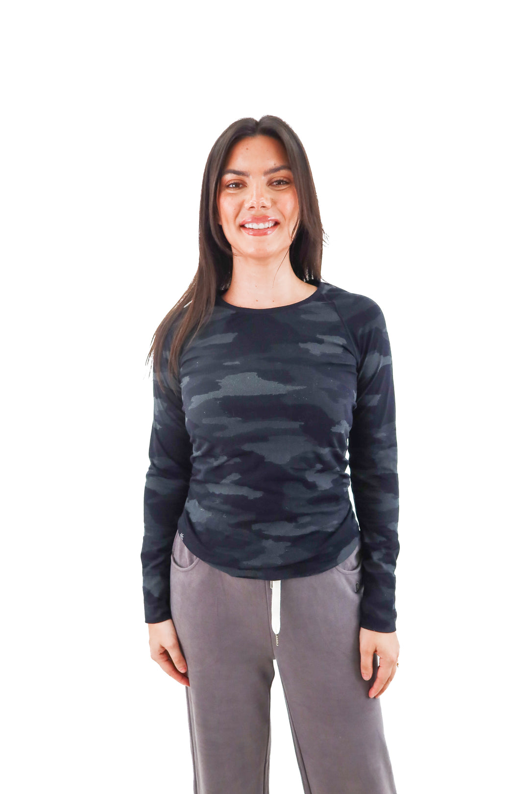 athleta black camo longsleeve workout top (s; retail $69)