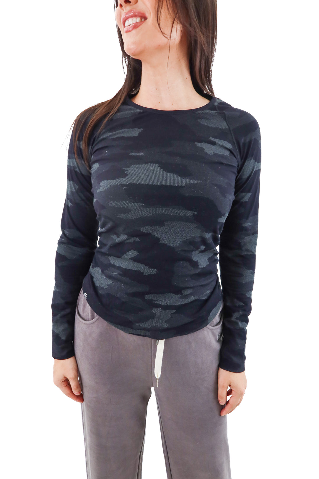 athleta black camo longsleeve workout top (s; retail $69)