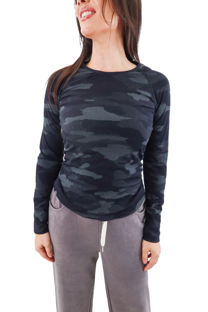 athleta black camo longsleeve workout top (s; retail $69)