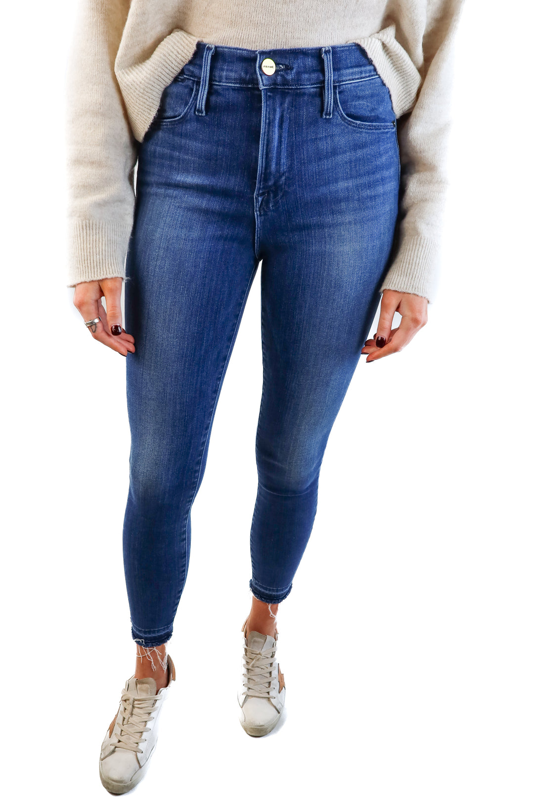 Frame medium wash high rise skinny crop jeans (28; retail $248)