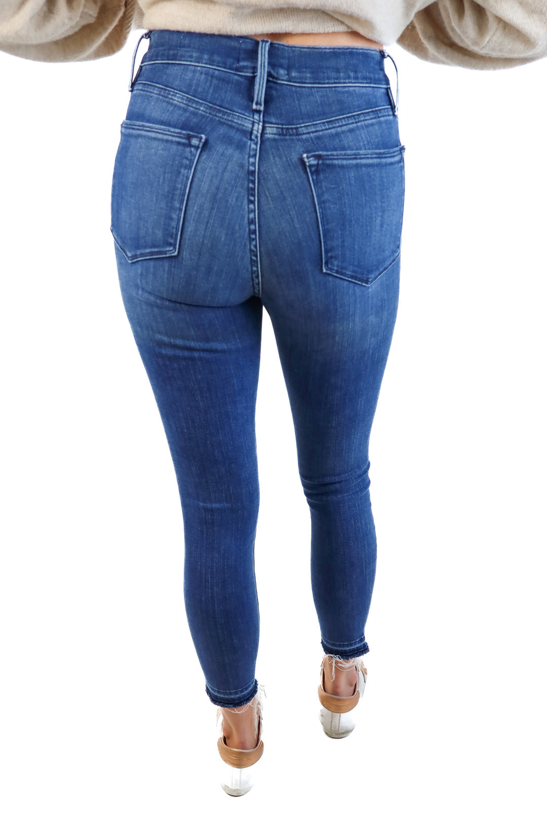Frame medium wash high rise skinny crop jeans (28; retail $248)