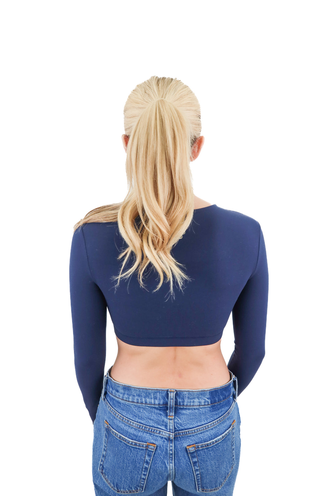golden cropped navy long sleeve top (xs; retail $58)