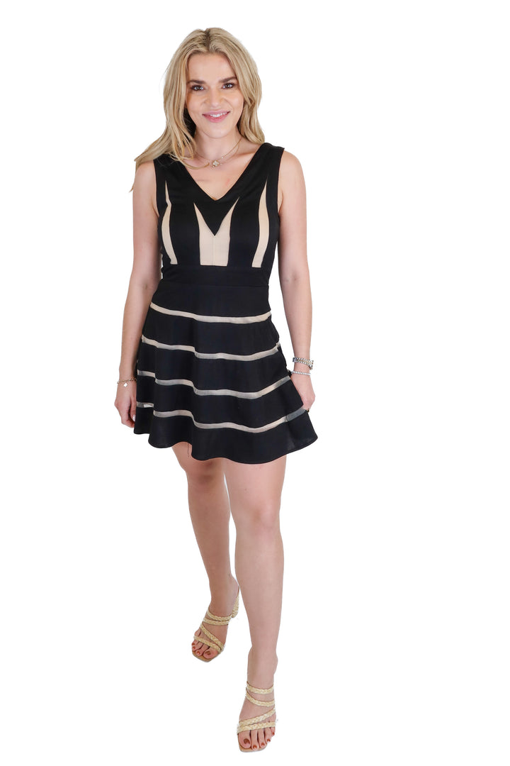 Windsor Black and Tan Geometric Fit and Flare Mini Dress (S)