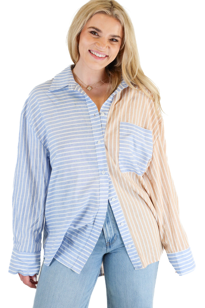 Gee Gee blue/orange striped button up (M)