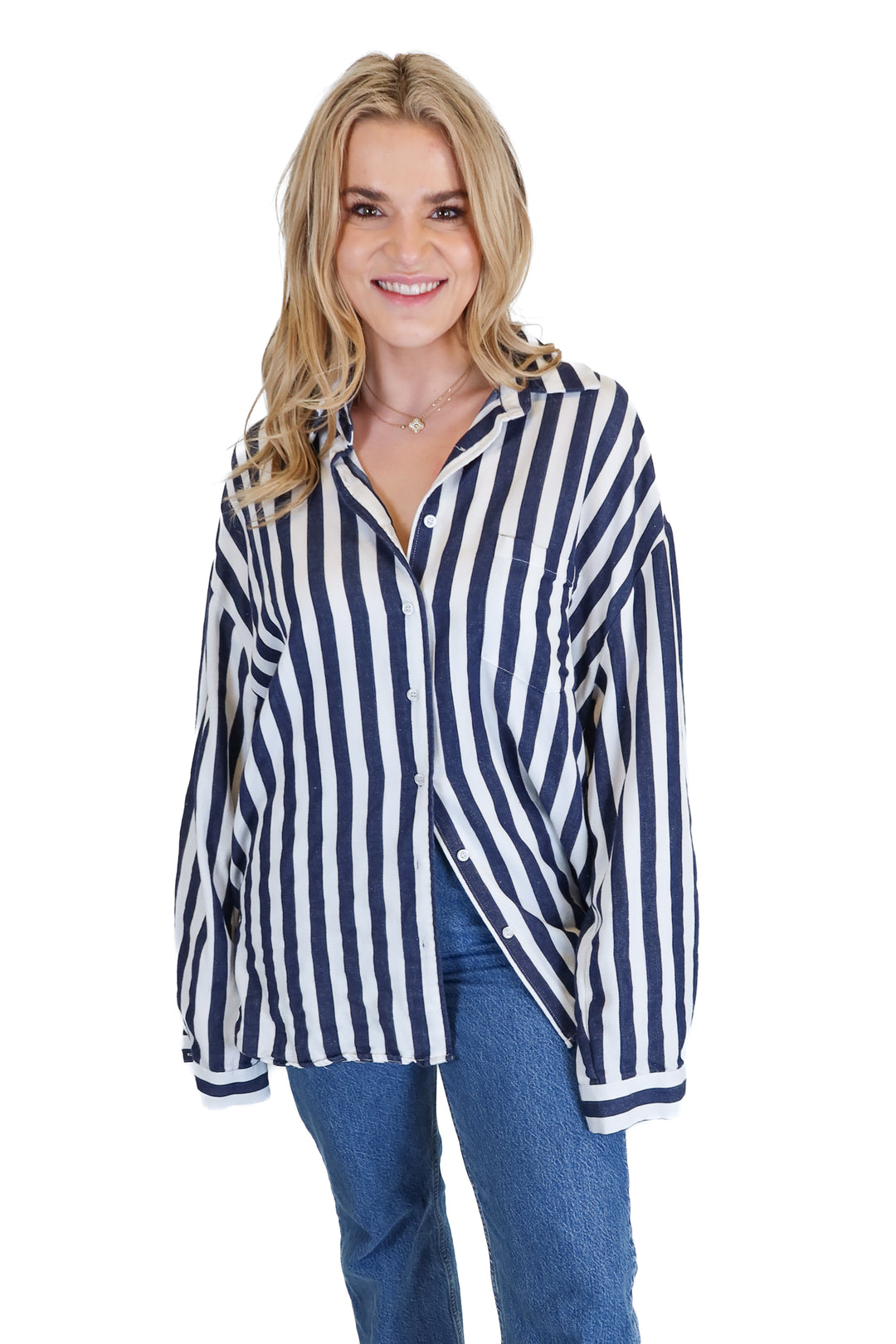Kittenish Blue and White Striped Shirt (M)