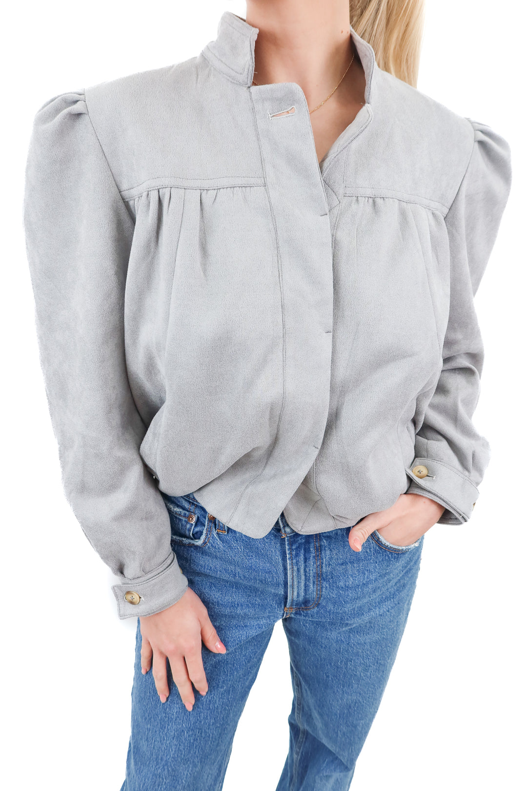 grey suede puff sleeve jacket (xs)