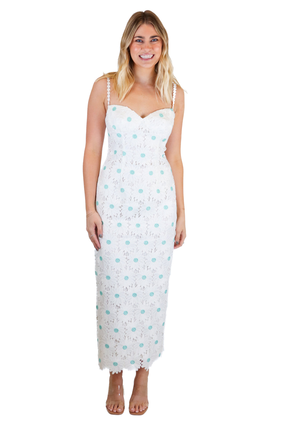 saylor white crotchet daisy midi dress (s) NWT