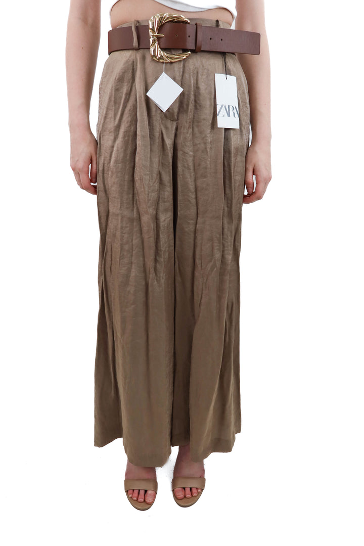 zara wide leg taupe satin pants with belt NWT (s)