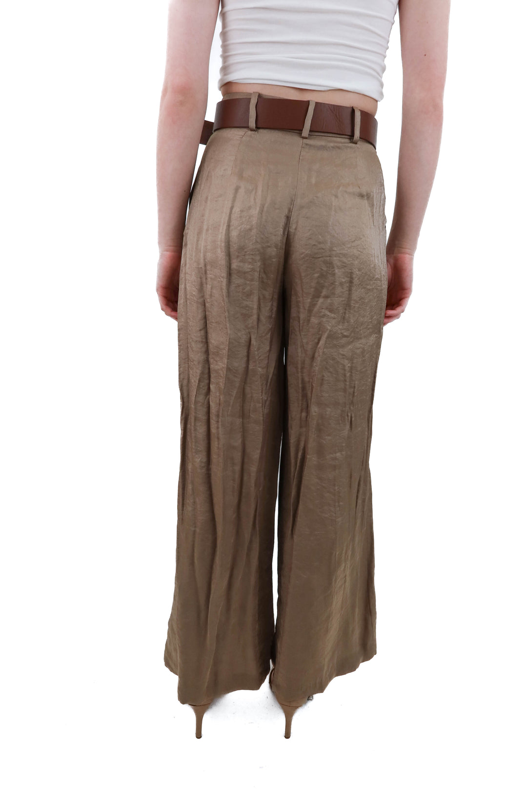 zara wide leg taupe satin pants with belt NWT (s)