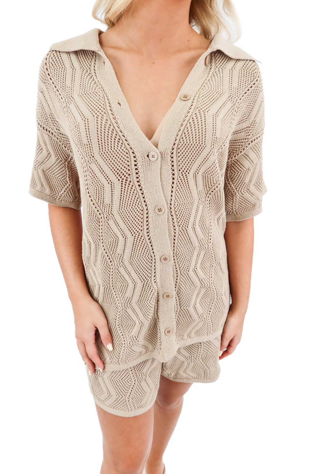 winnie & co. tan knit crochet belvie top and shorts set NWT (S/M; retail $129)