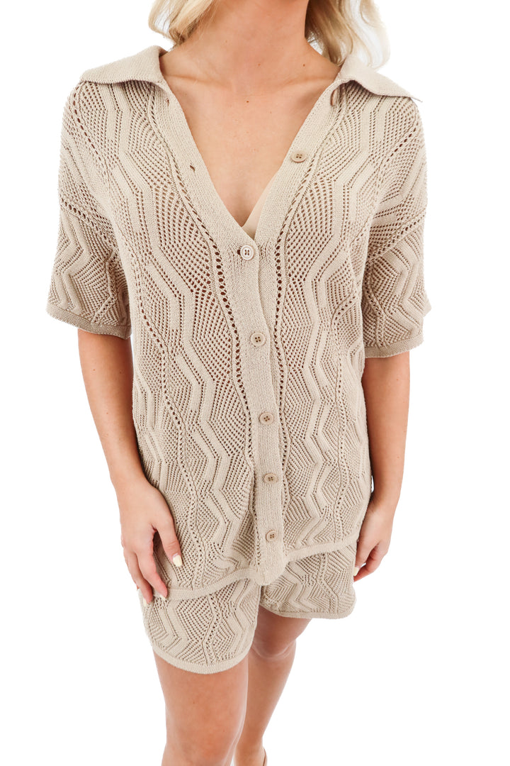 winnie & co. tan knit crochet belvie top and shorts set NWT (S/M; retail $129)