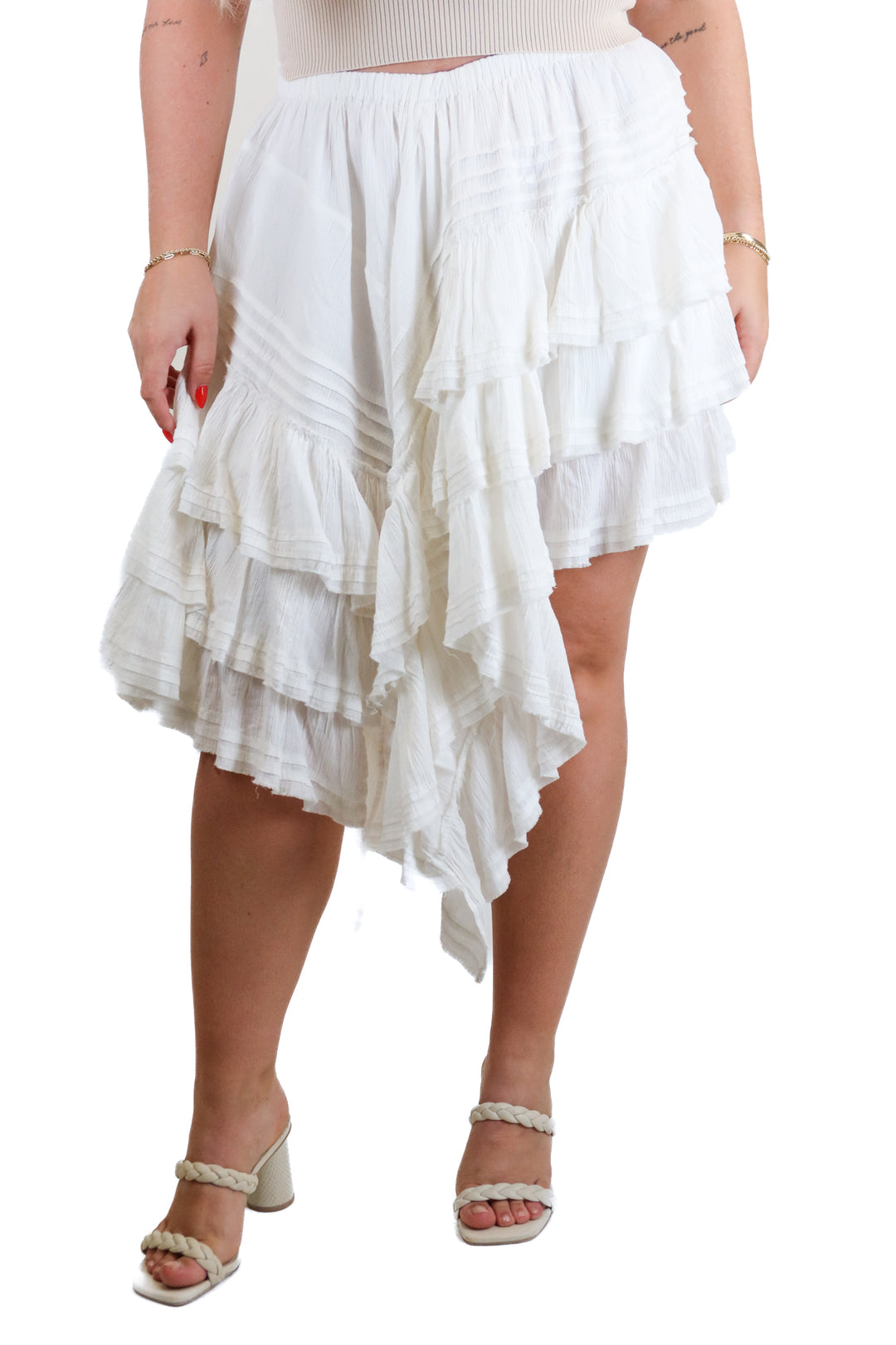 Free People White Ruffle Asymmetrical Mini Skirt NWT; Retails for $148 (M)