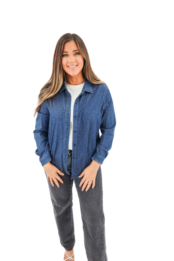lysse midwash chambray rhinestone top NWT (L; retail $138)*