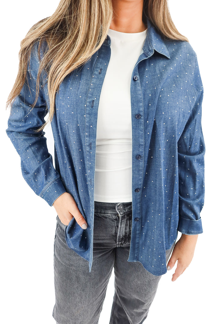 lysse midwash chambray rhinestone top NWT (L; retail $138)*