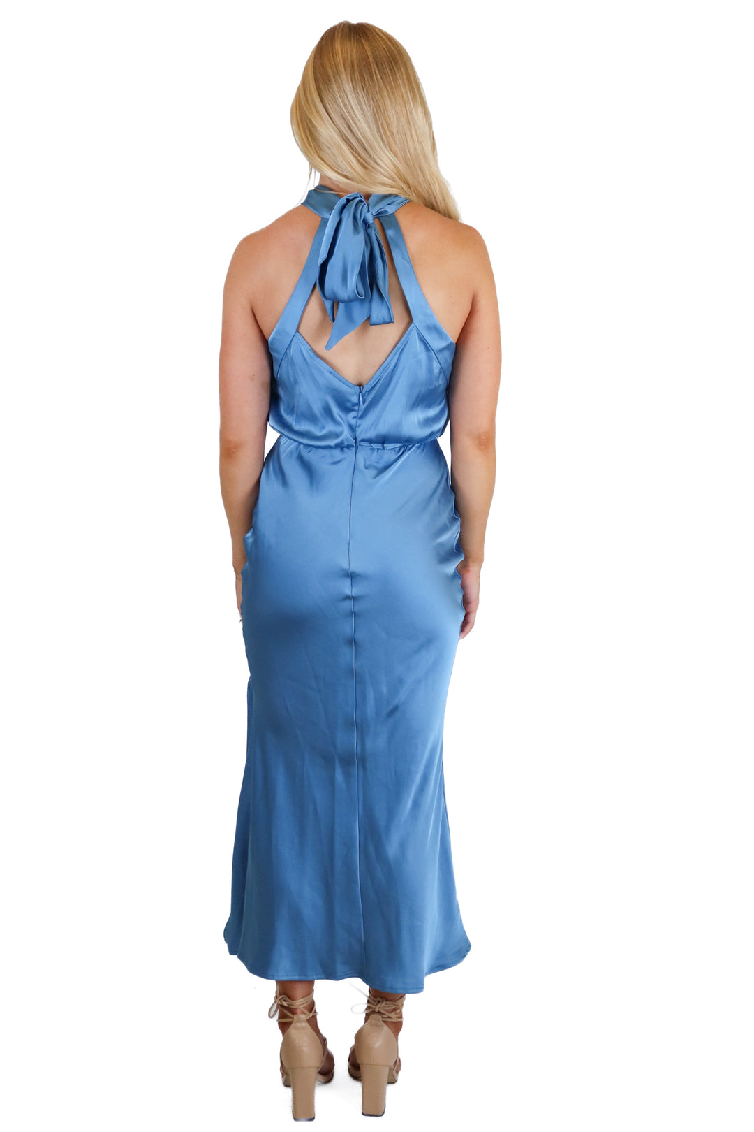 Showpo Blue Satin High Neck Halter Dress (2)