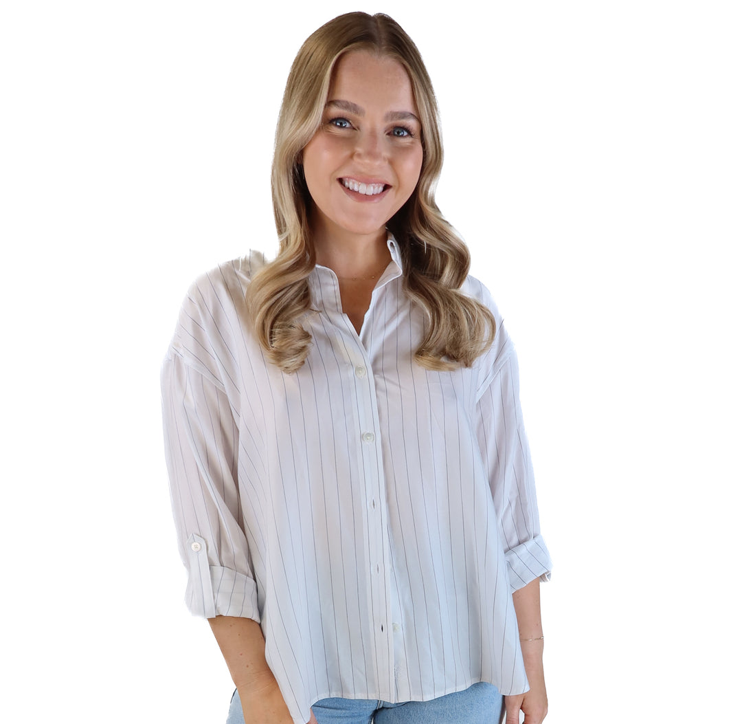 Babaton white/navy striped button up (xs)
