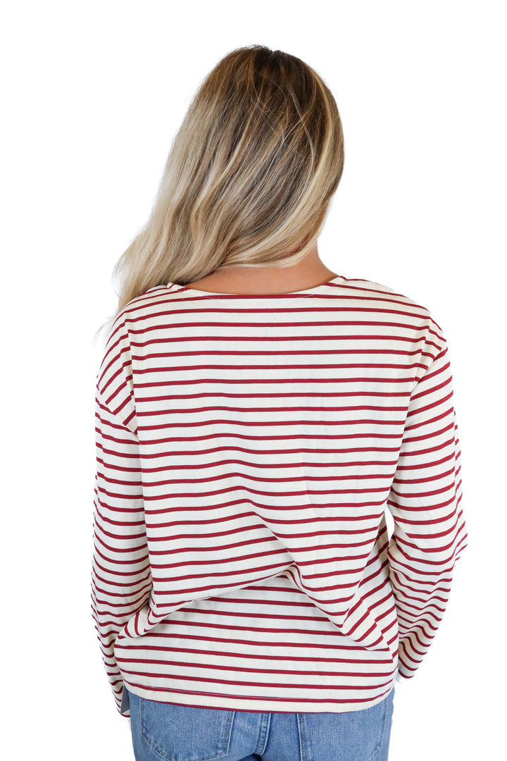 cupshe maroon and cream striped long sleeve top (s) NWT