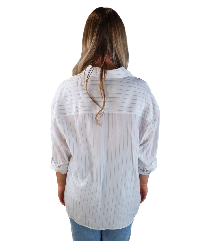 Babaton white/navy striped button up (xs)