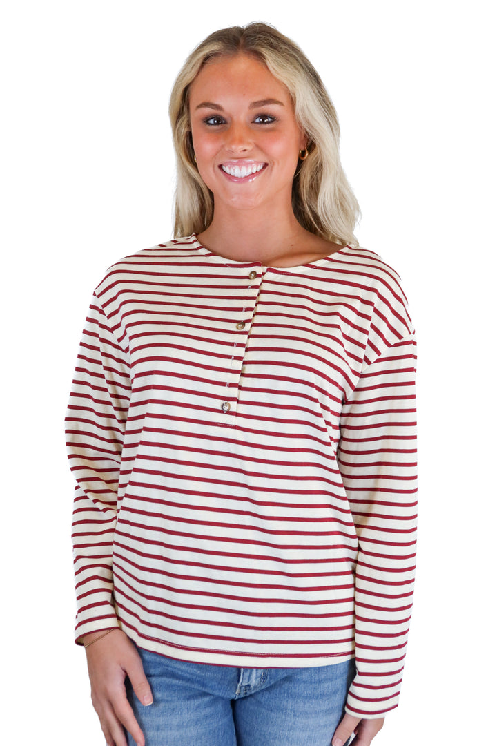 cupshe maroon and cream striped long sleeve top (s) NWT
