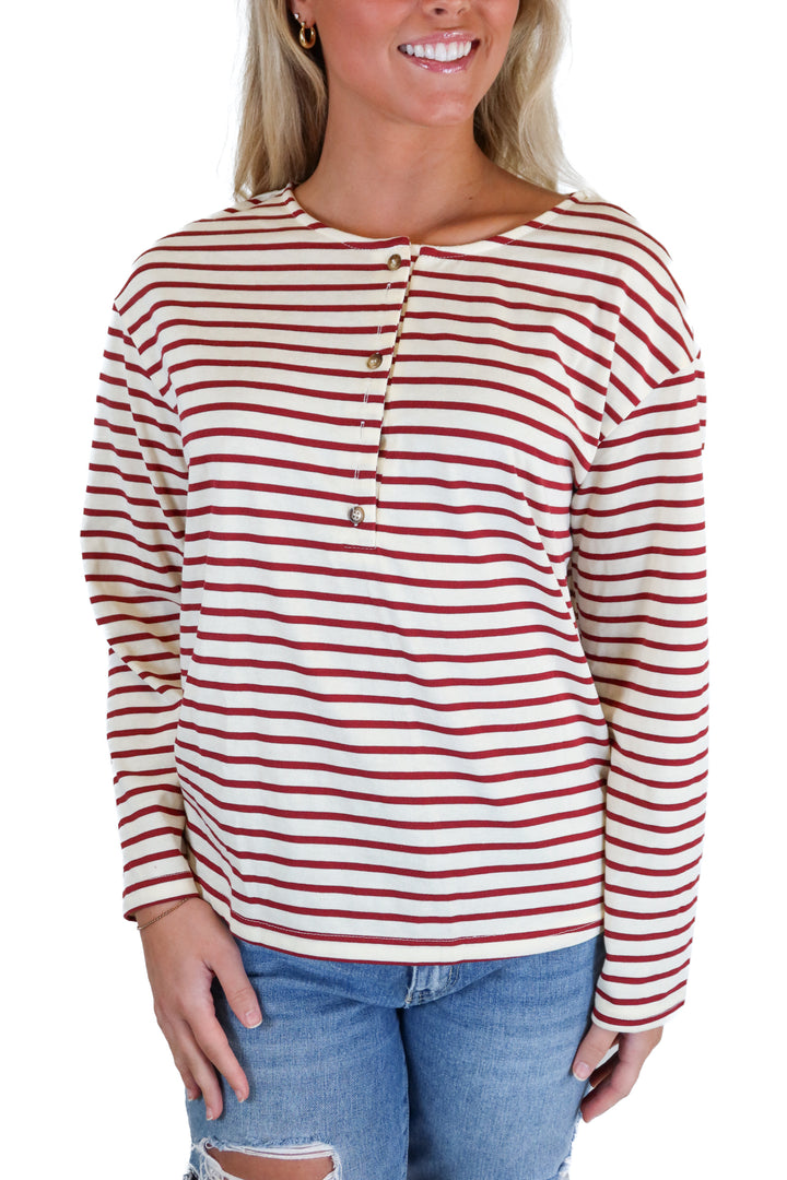 cupshe maroon and cream striped long sleeve top (s) NWT