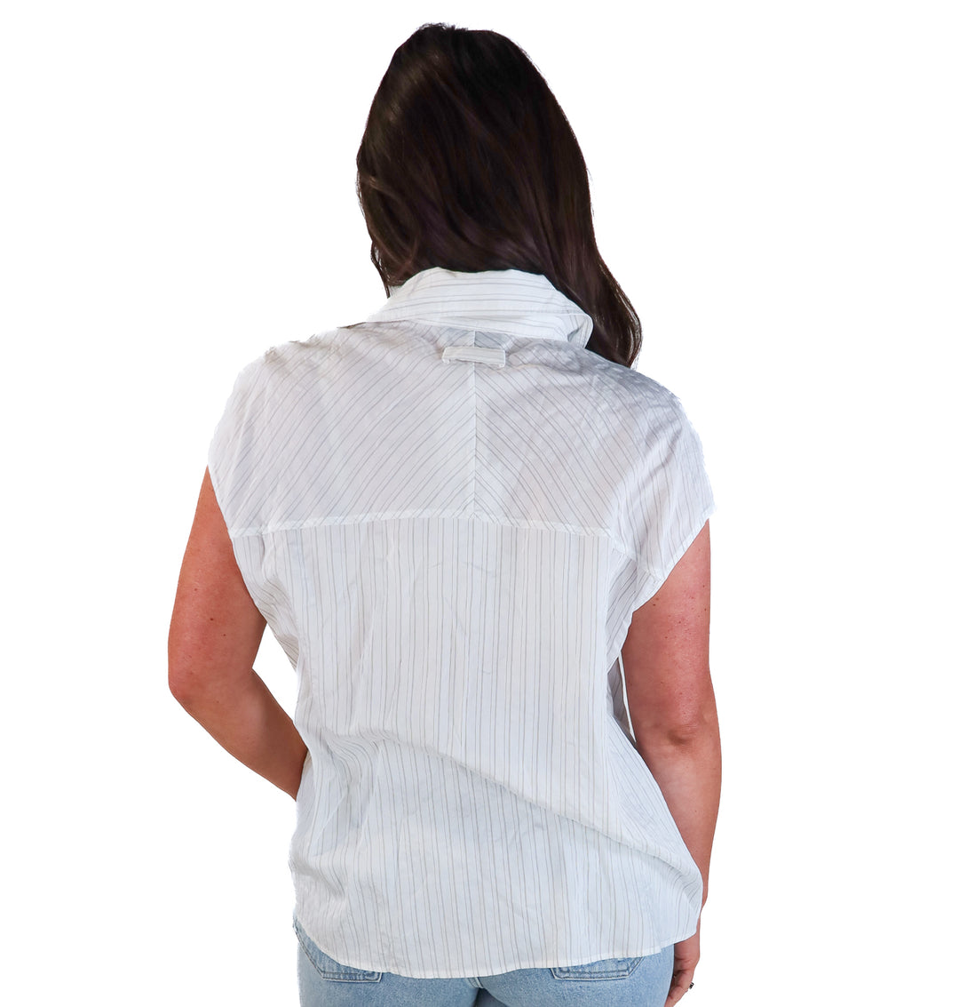 Saint art black/white striped cap sleeve button up blouse NWT (M; retails for $266)