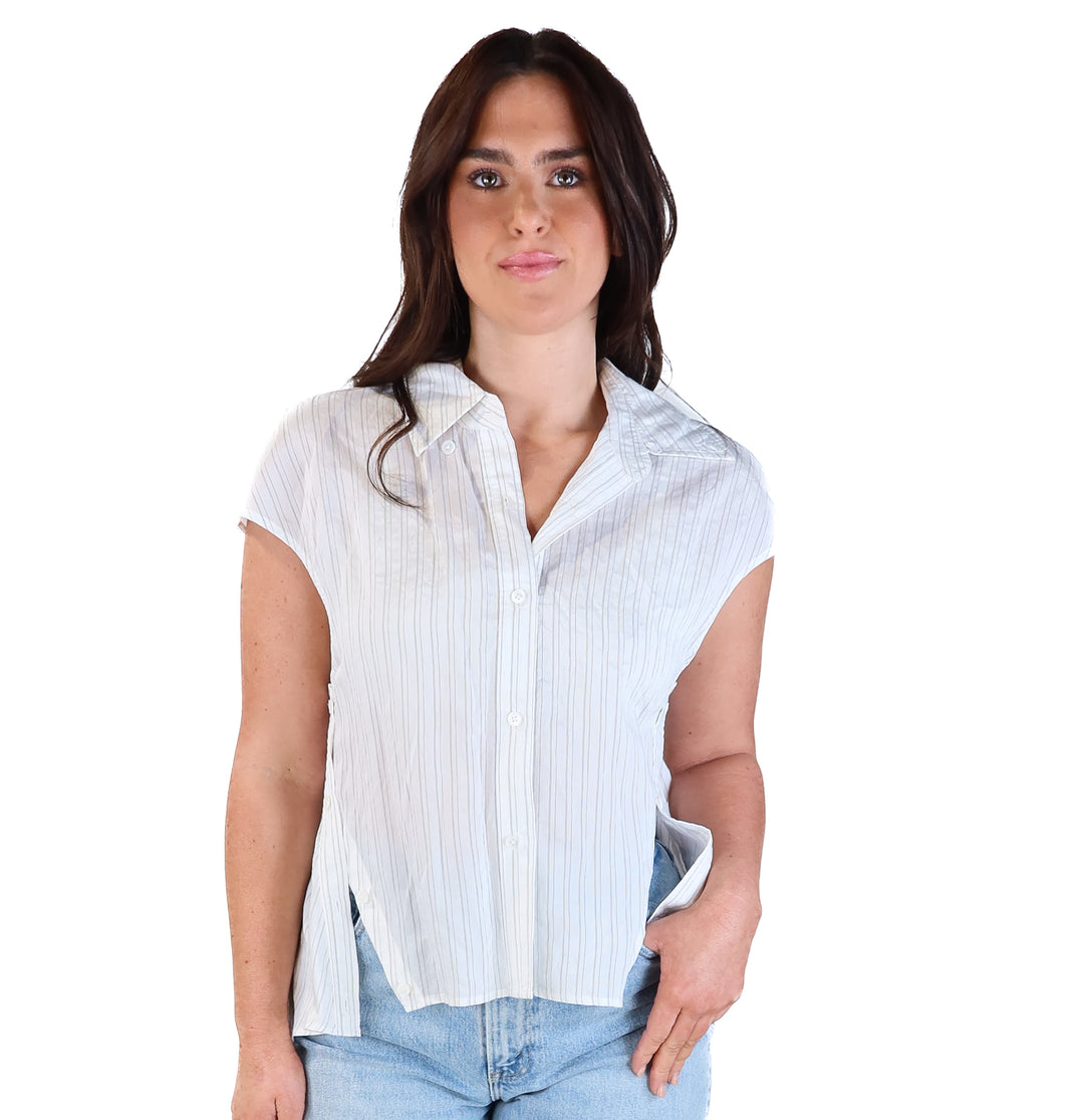 Saint art black/white striped cap sleeve button up blouse NWT (M; retails for $266)