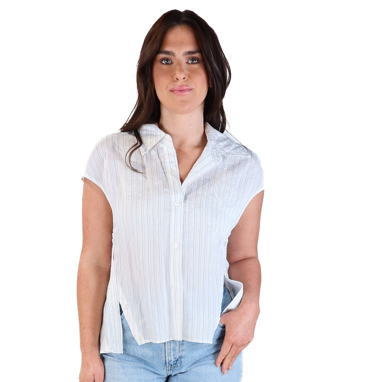 Saint art black/white striped cap sleeve button up blouse NWT (M; retails for $266)