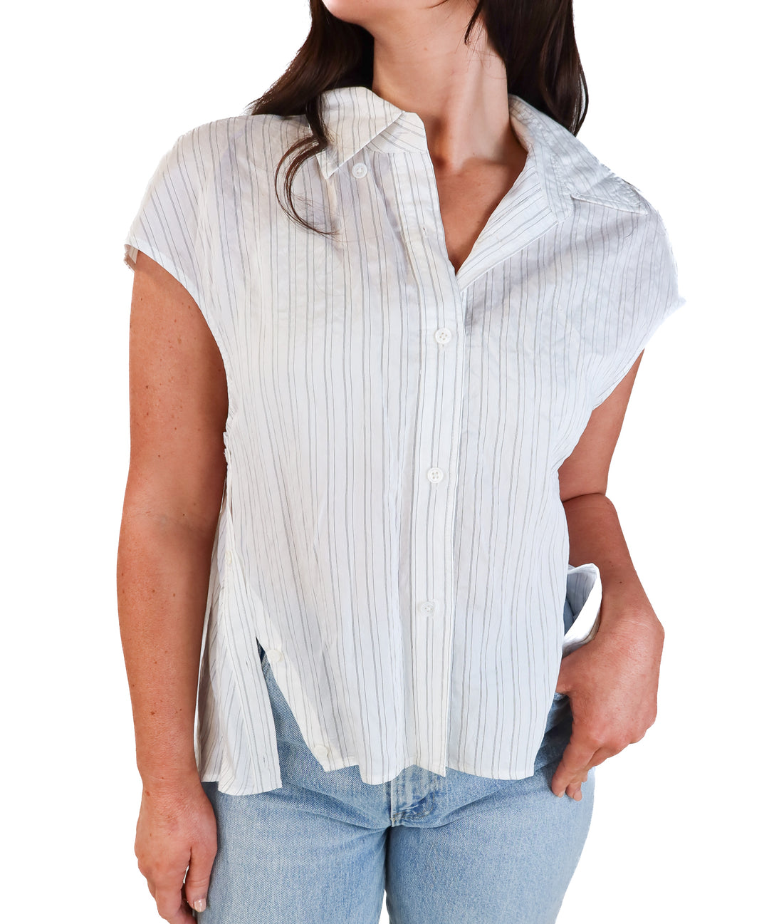 Saint art black/white striped cap sleeve button up blouse NWT (M; retails for $266)
