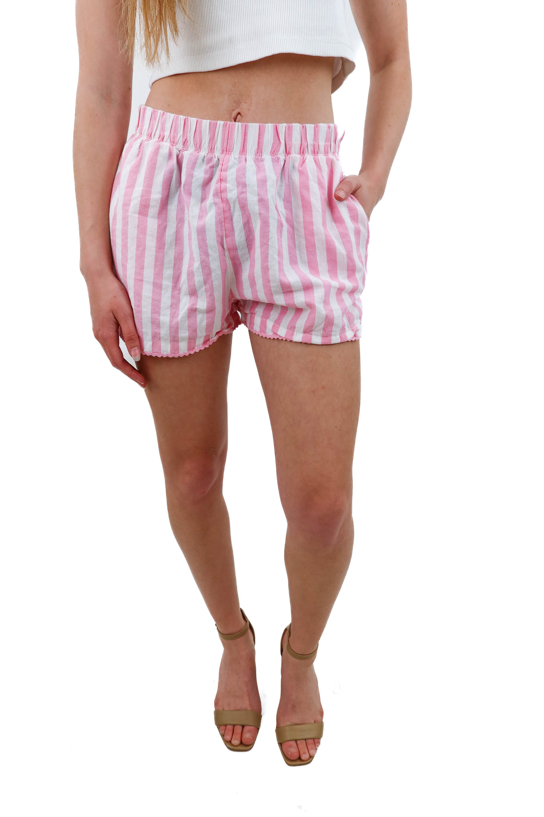 beach riot pink striped cotton shorts (S; retail $50)