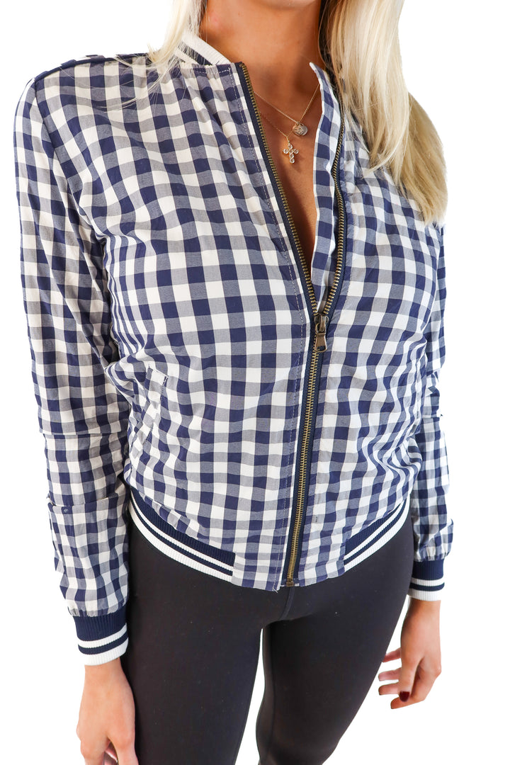Merona blue gingham bomber jacket (xs)