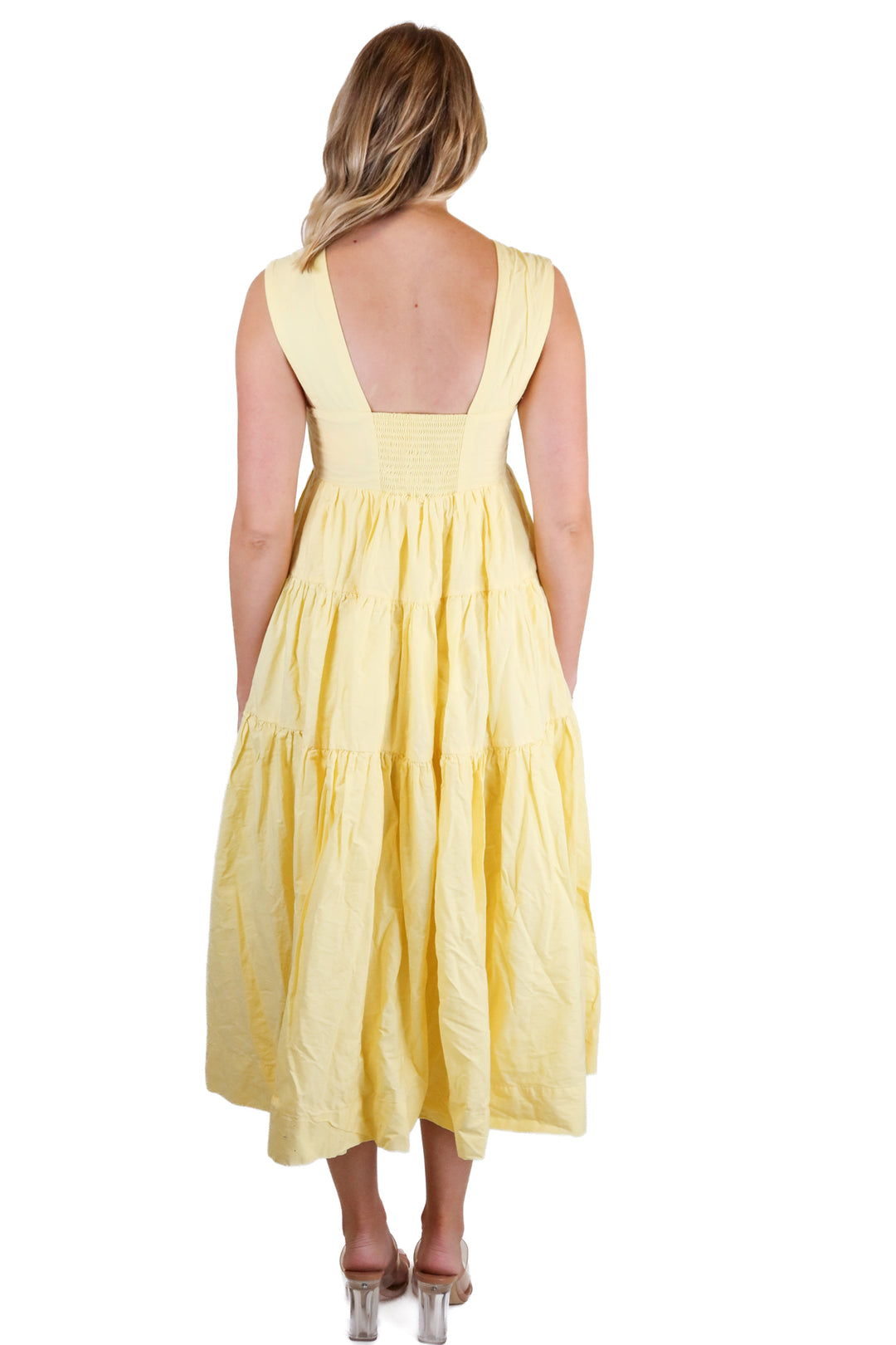 anthropologie tiered yellow ruffle midi dress (xs)